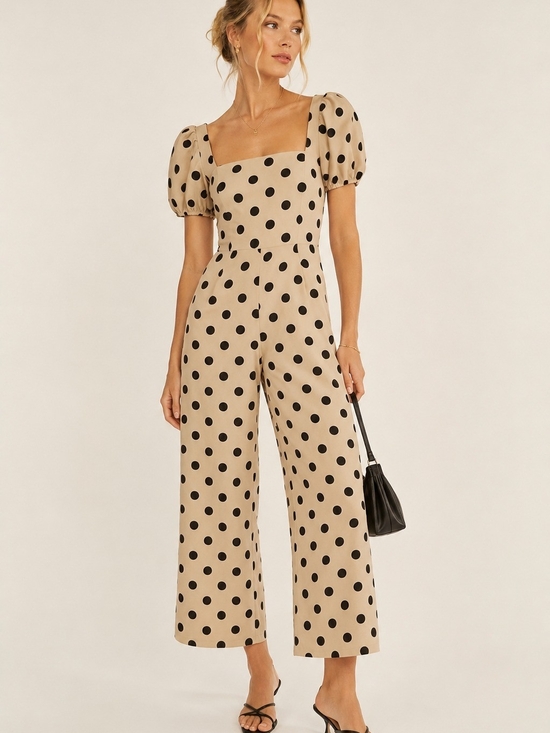 Mango Pants - MANGO Beige Polka Dot Jumpsuit Wide Leg Puff Sleeve Old Money Resortwear Summer